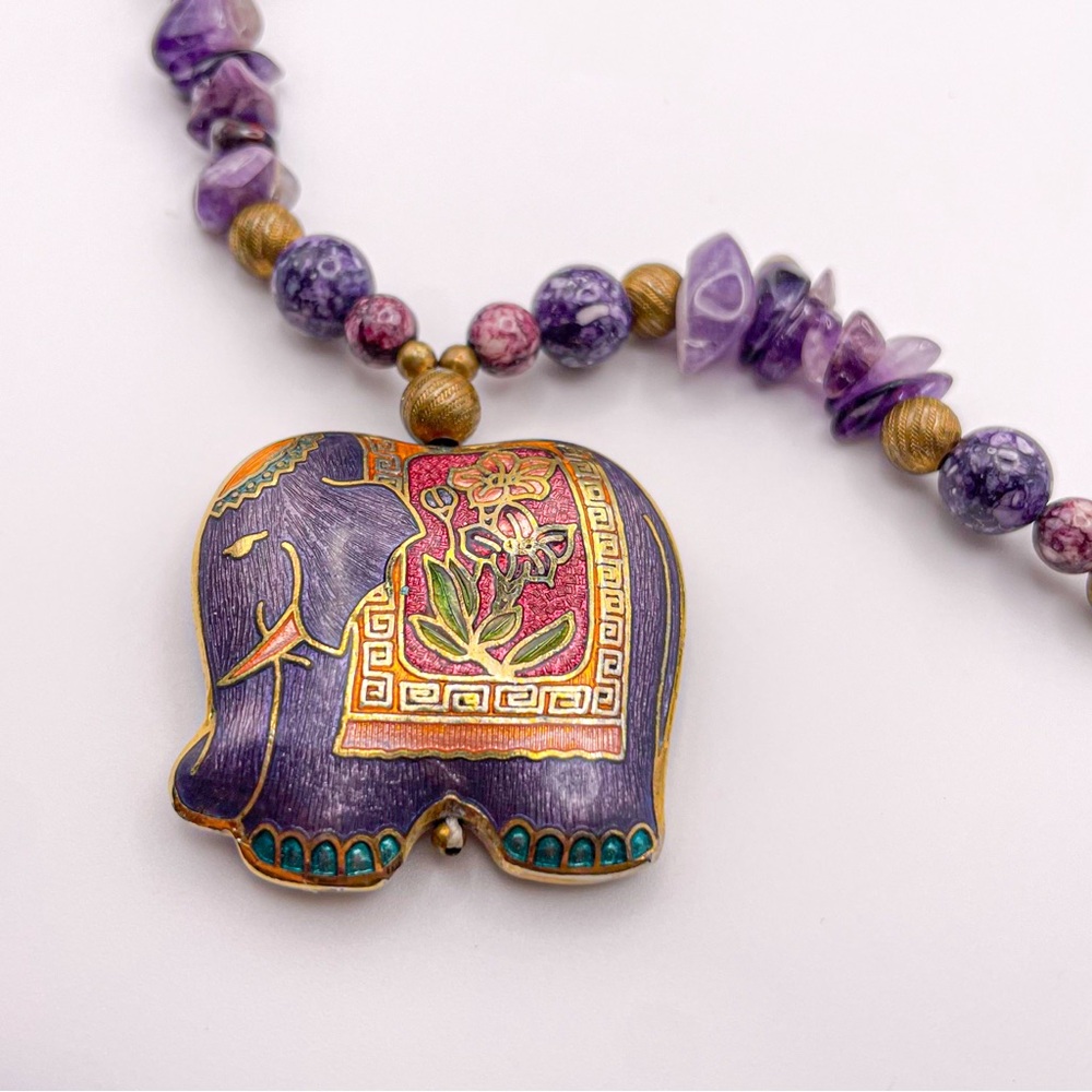 Vintage Long Purple Amethyst Beaded Necklace with Cloisonné Elephant Charm